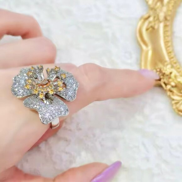 NWT Flower Cocktail Ring S925 Sterling Silver CZ Open Adjustable Feminine Chic - Picture 11 of 13